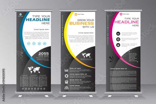 Roll up banner design template set, Business banner layout with black. vertical, abstract background, pull up design, modern x-banner, rectangle size, presentation, poster, advertisement,