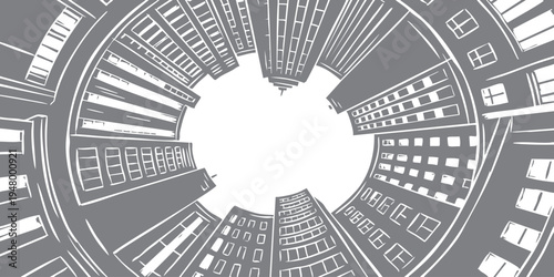 Abstract fisheye perspective of a city skyline with hand-drawn skyscrapers in a modern vector illustration style