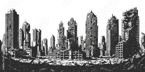 Post-apocalyptic ruined city skyline with destroyed skyscrapers in a dramatic black and white vector illustration style