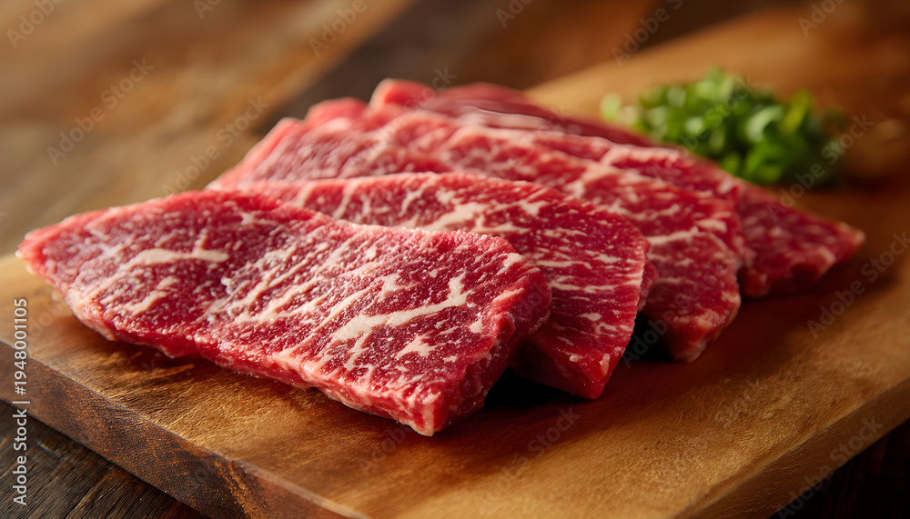 Fototapeta premium marbled beef sliced ​​on a cutting board.