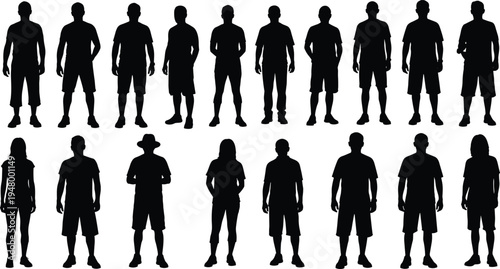 Collection of casual people silhouettes featuring standing men and women in everyday clothing isolated on white background, diverse human figure set for design