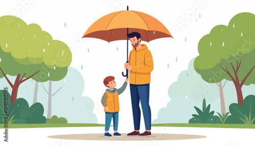 Father and Son Standing Under Umbrella.