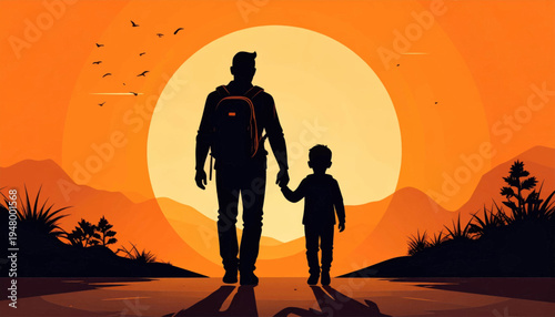 Father and Son Walking Together Silhouette.