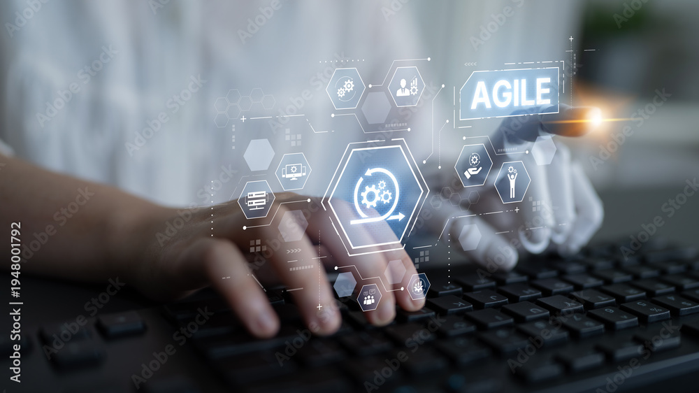Naklejka premium AI enhances agile projects with smart planning tools, virtual collaboration, and intelligent sprint optimization for continuous improvement. Artificial intelligence spline