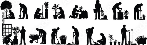 Collection of gardening people silhouettes showing planting, watering and caring for plants isolated on white background, outdoor landscaping and nature work concept