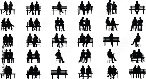 Collection of people sitting on benches silhouettes showing couples and individuals in park seating poses isolated on white background, public lifestyle concept