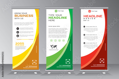 Roll up banner for events and print ready design, stand banner design, Business roll up banner design template set, Geometric shape vertical banners design, 