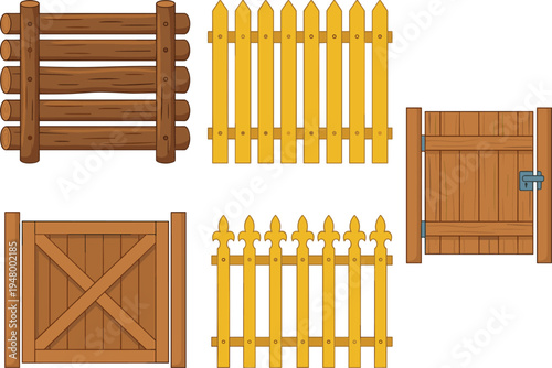 Wooden Garden Fence and Gate Collection with Rustic Timber Planks, Picket Fencing, and Country Style Entrance Icons for Farm, Backyard, and Landscaping Design