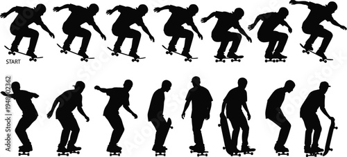Collection of skateboarder silhouettes performing tricks and jumps on skateboard isolated on white background, urban street sport action sequence illustration set