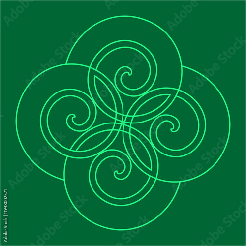 Neon green spirals intertwine inside overlapping circles forming a flowing floral knot pattern balanced symmetry energy movement harmony glowing lines.