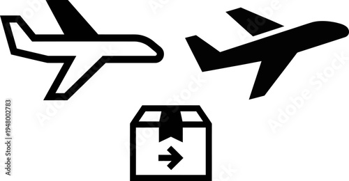 A minimalist graphic design featuring two airplane icons and a package box for shipping services