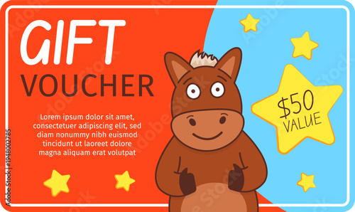 Gift voucher with cartoon horse. Vector card for children's toy stores, holiday promotions, and birthday gift certificates