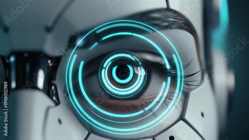 Close-up of a human eye with a glowing blue digital holographic interface overlay.