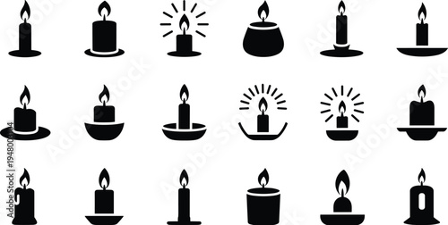 Candle silhouettes collection, burning wax candles icons isolated set for decoration spa meditation and light