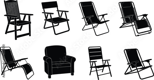 Chair silhouettes set, folding recliner lounge and armchair furniture collection isolated seating icons