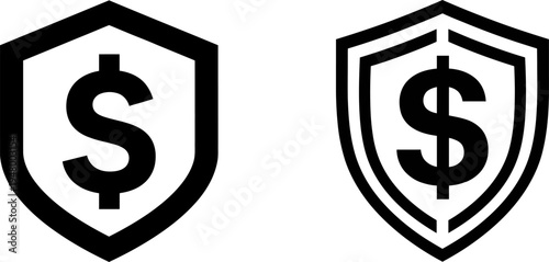 Two distinct shield icons featuring a dollar sign symbol for financial security and protection concepts