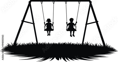 Children playing on playground swings silhouette kids park swing set vector illustration outdoor childhood fun