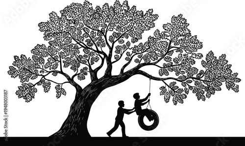 Children playing on tire swing under tree silhouette childhood friendship outdoor park vector illustration