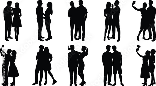 Couple silhouettes set, romantic couples taking selfies collection, love relationship people vector illustration pack