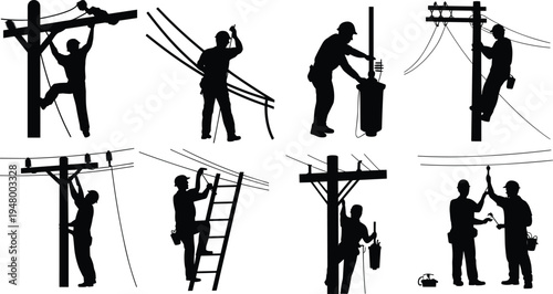 Electric line workers repairing power lines on utility poles electrician technician silhouette vector illustration set