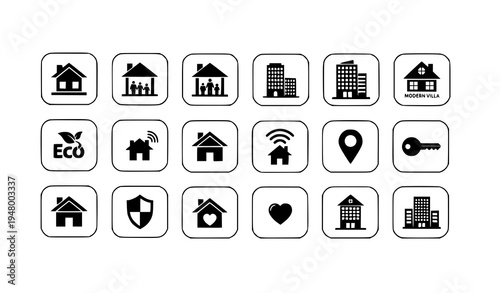 Minimal home flat icons set real estate housing and house symbol vector pack