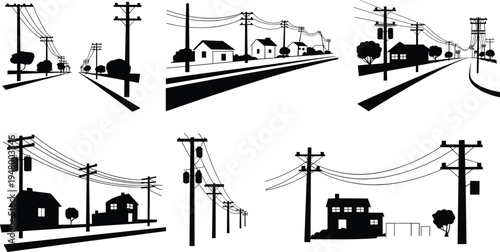Electric utility poles with power lines along suburban street houses infrastructure silhouette vector illustration set