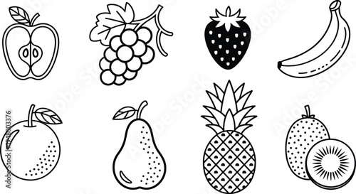 Fruit outline icons set, apple grape strawberry banana pineapple pear orange kiwi vector illustration collection