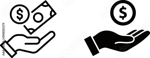 Black and white vector icon set representing the concept of receiving money or financial wealth