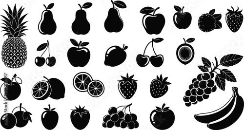 Fruit silhouettes collection, tropical and fresh fruits set, healthy food icons vector illustration pack