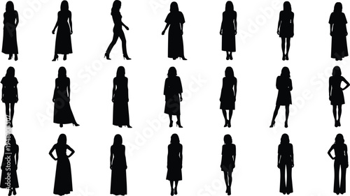 Collection of woman silhouettes featuring standing and walking female figures in dresses and casual outfits isolated on white background, elegant fashion pose set