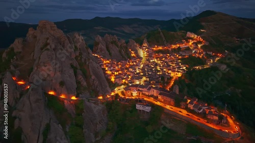 Aerial Night View of Castelmezzano Village in Basilicata Italy