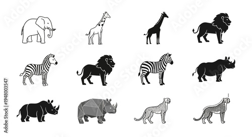 Set of various safari animals including elephant, giraffe, zebra, lion, rhino, and cheetah, isolated on white background
