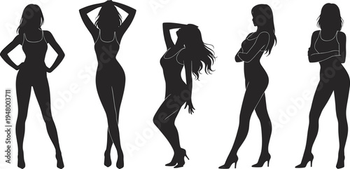 Sexy women silhouettes posing set, elegant female body shapes in high heels isolated fashion collection
