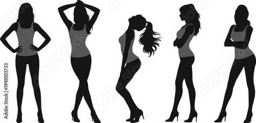 Stylish women silhouettes posing collection, fashionable female figures in heels isolated for fashion design
