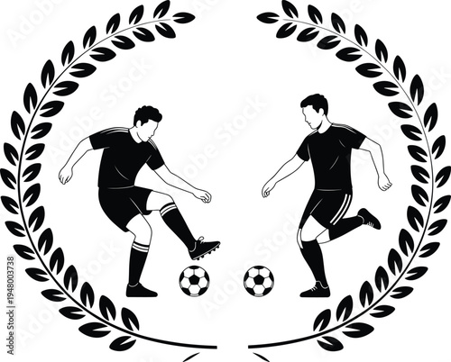 Soccer players with laurel wreath silhouette football athletes kicking ball sport championship emblem vector