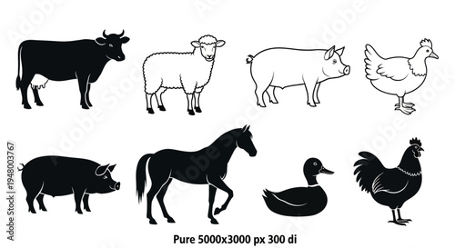 Domestic farm animals silhouette and outline collection set including cow sheep pig chicken horse duck rooster