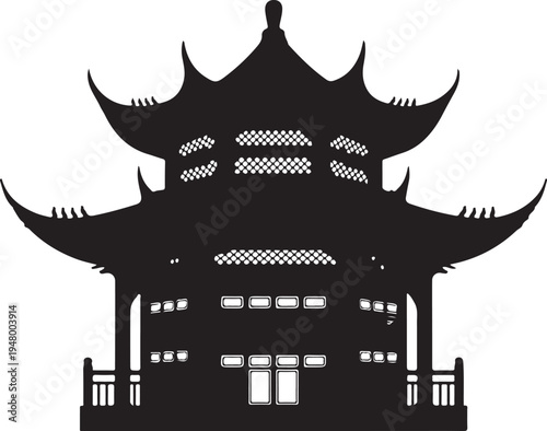 Chinese traditional pagoda building silhouette isolated on transparent background