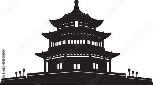 Chinese traditional pagoda tower silhouette isolated on white background