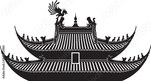 Traditional Asian temple roof with ornate decorations and mythical creatures on white background
