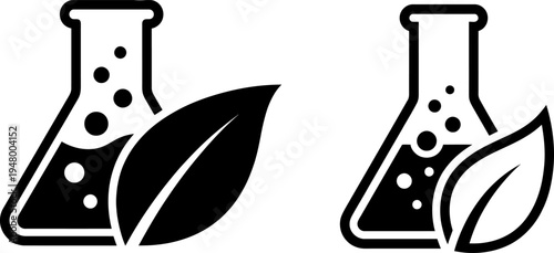 Black and white icons featuring laboratory flasks paired with green leaves for eco science themes