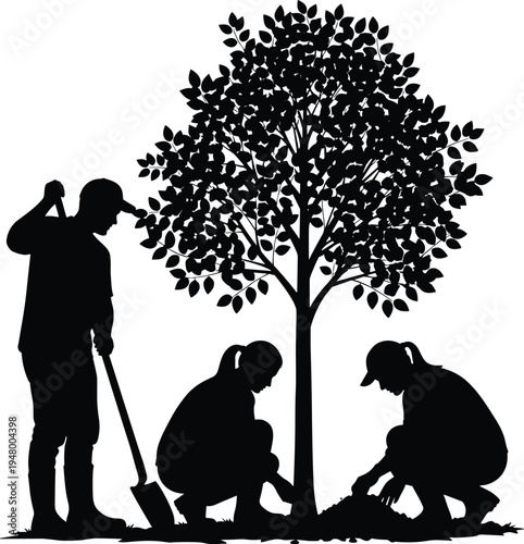 People planting tree silhouettes showing volunteers gardening and caring for nature isolated on white background, environmental conservation and community ecology concept