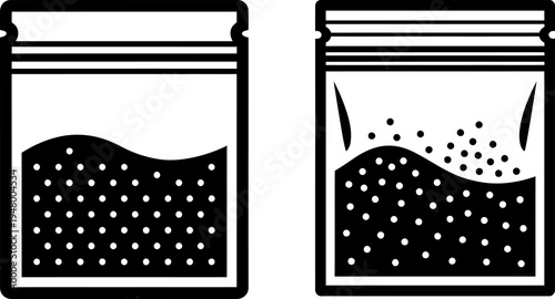 Black and white line art illustration of two plastic zipper storage bags filled with small beads