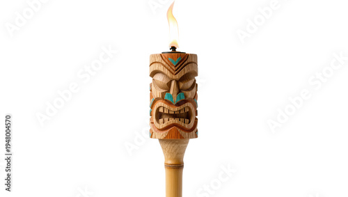 Cuadro en lienzo Isolated decorative wooden tiki torch with a unique carved face design and a fie