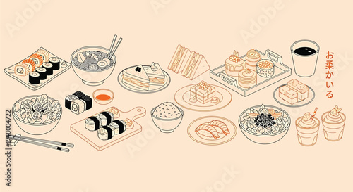 A variety of sushi and japanese food items on plates and in bowls on a table with utensils and drinks vector illustration