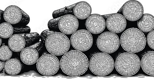 Stacked timber logs illustration, cut tree trunks pile with wood rings texture, forestry lumber industry concept