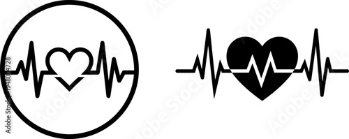 Two black and white vector icons featuring a heart shape integrated with an electrocardiogram line