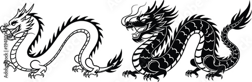 Chinese dragon silhouette illustration set, traditional Asian mythological dragon design with scales and claws isolated on white background