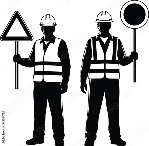 Construction worker holding traffic road sign silhouette, safety vest and helmet, roadwork control worker isolated on white background