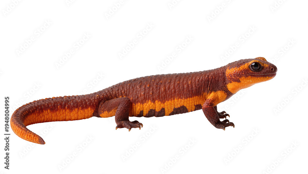 Fototapeta premium Isolated vibrant red-orange salamander with rough, textured skin, side view on a clean backdrop