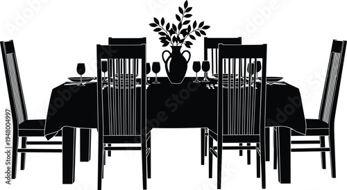 Elegant dining table setup silhouette with chairs, plates, wine glasses, flower vase centerpiece, restaurant dinner scene isolated on white background